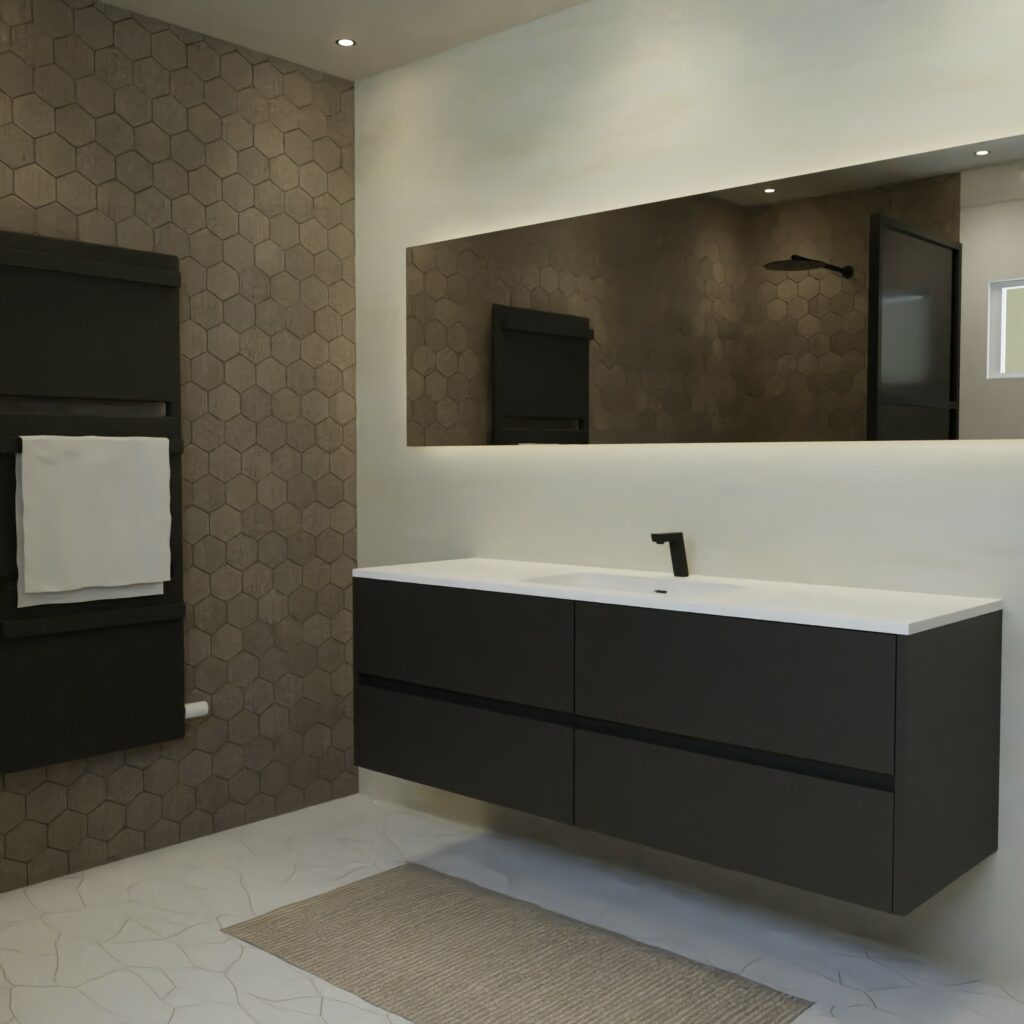 Maatwerk design wastafel onderkast, gemaakt van Zwart melamine of gespoten mdf met een blad van solid surface en 1 waskom van Solid Surface. Het front te openen d.m.v. Greeplijst midden