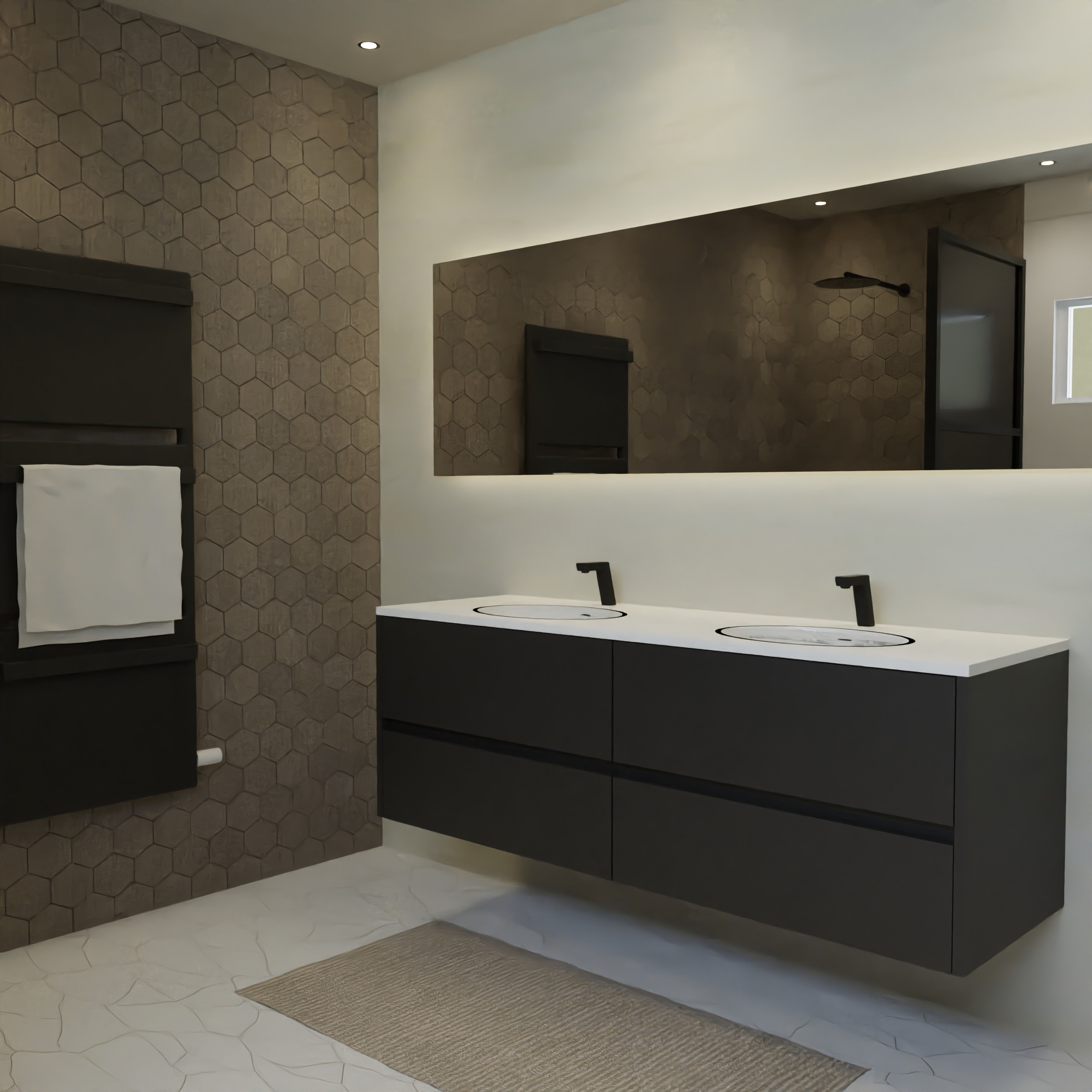 Maatwerk design wastafel onderkast, gemaakt van Zwart melamine of gespoten mdf met een blad van solid surface en 2 waskommen van Solid Surface. Het front te openen d.m.v. Greeplijst midden