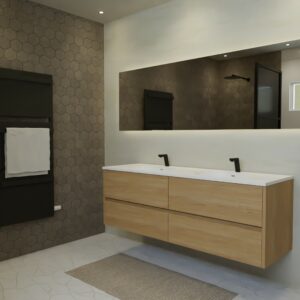 Maatwerk design wastafel onderkast, gemaakt van eiken hout fineer of eiken hout massief met een blad van solid surface en 2 waskommen van Solid Surface. Het front te openen d.m.v. Greeplijst midden