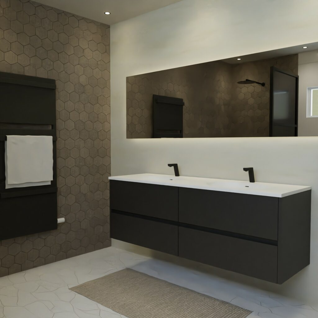 Maatwerk design wastafel onderkast, gemaakt van Zwart melamine of gespoten mdf met een blad van solid surface en 2 waskommen van Solid Surface. Het front te openen d.m.v. Greeplijst midden
