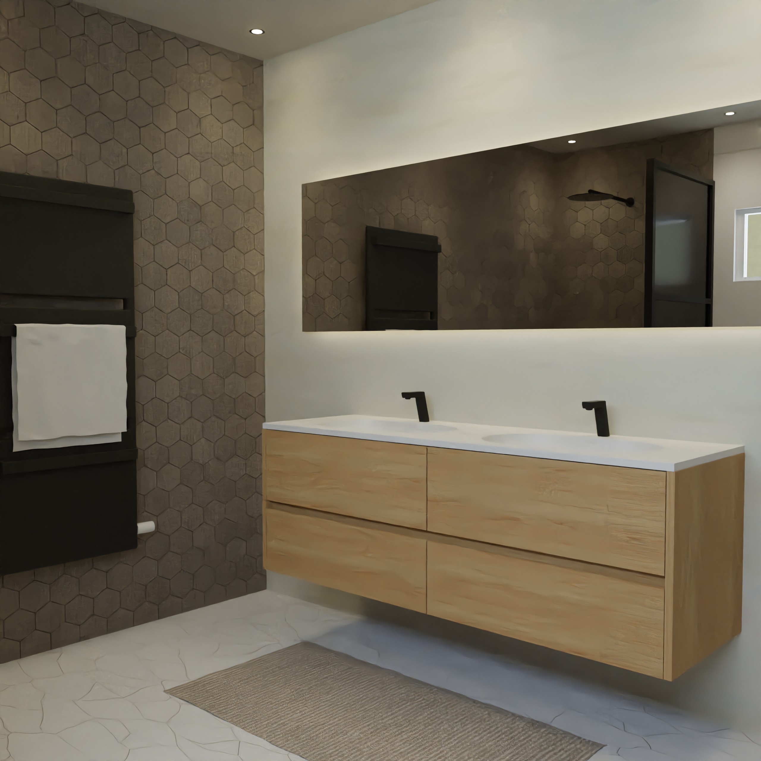 Maatwerk design badkamermeubel, gemaakt van eiken hout fineer of eiken hout massief met een blad van solid surface en 2 waskommen van Solid Surface. Het front te openen d.m.v. Greeplijst midden