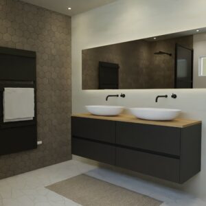 Maatwerk design wastafel onderkast, gemaakt van Zwart melamine of gespoten mdf met een blad van eiken en 2 waskommen van Solid Surface. Het front te openen d.m.v. Greeplijst midden