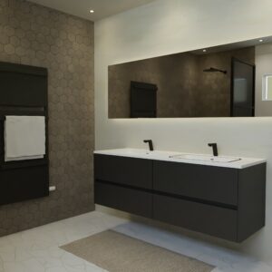 Maatwerk design badmeubel, gemaakt van Zwart melamine of gespoten mdf met een blad van solid surface en 2 waskommen van Solid Surface. Het front te openen d.m.v. Greeplijst midden