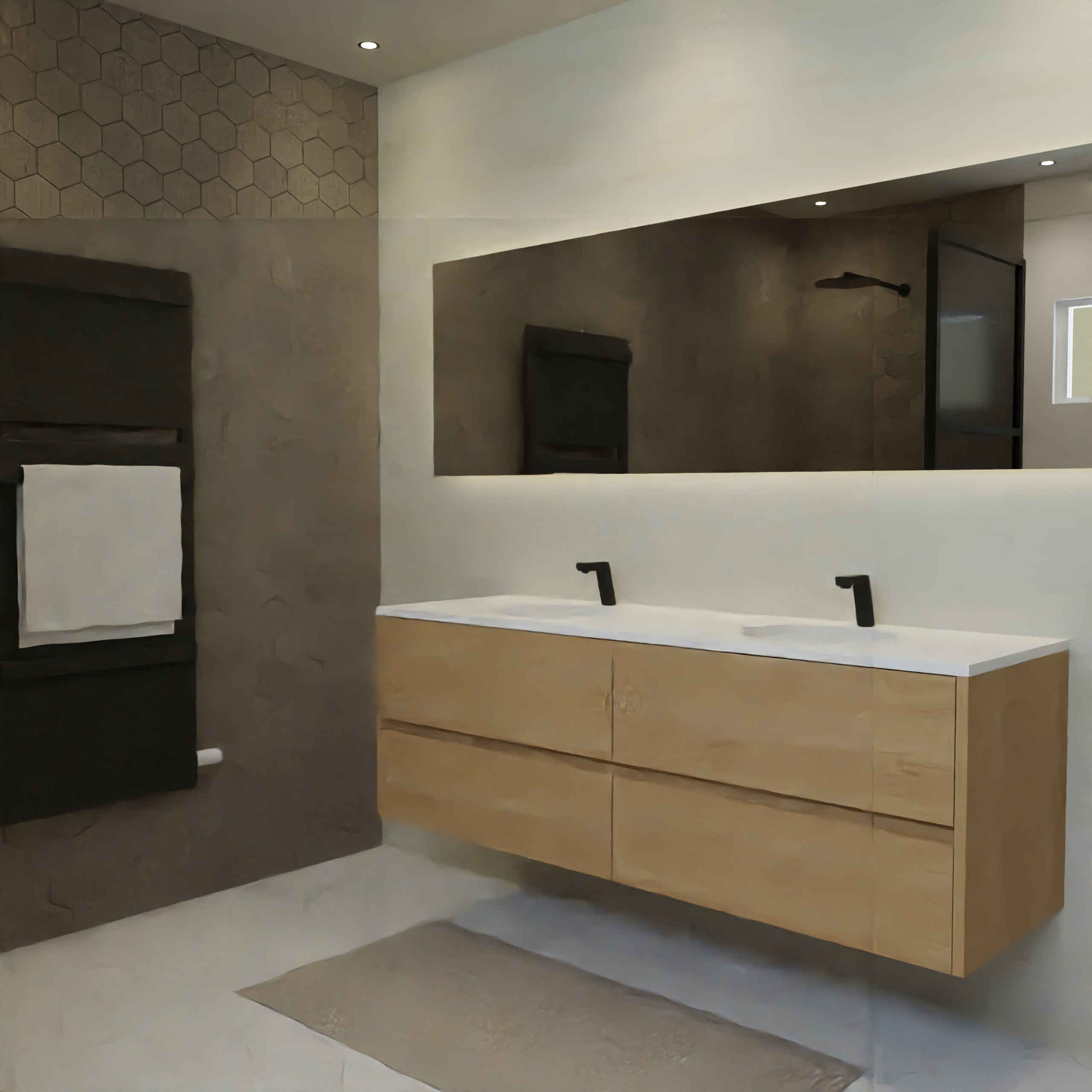 Maatwerk design wastafel onderkast, gemaakt van eiken hout fineer of eiken hout massief met een blad van solid surface en 2 waskommen van Solid Surface. Het front te openen d.m.v. Greeplijst midden