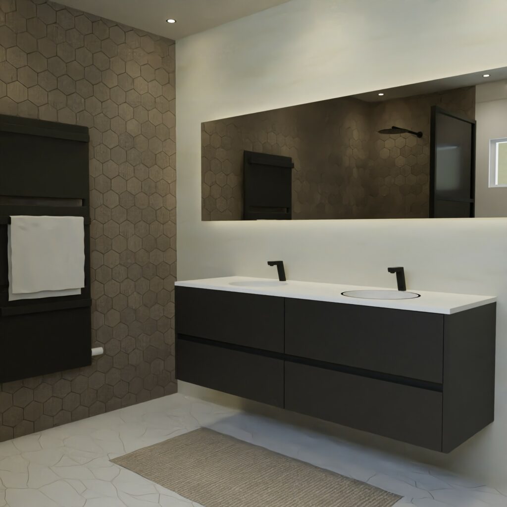 Maatwerk design wastafelmeubel, gemaakt van Zwart melamine of gespoten mdf met een blad van solid surface en 2 waskommen van Solid Surface. Het front te openen d.m.v. Greeplijst midden
