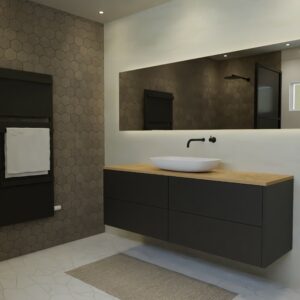 Maatwerk design badmeubel, gemaakt van Zwart melamine of gespoten mdf met een blad van eiken en 1 waskom van Solid Surface. Het front te openen d.m.v. Push to Open