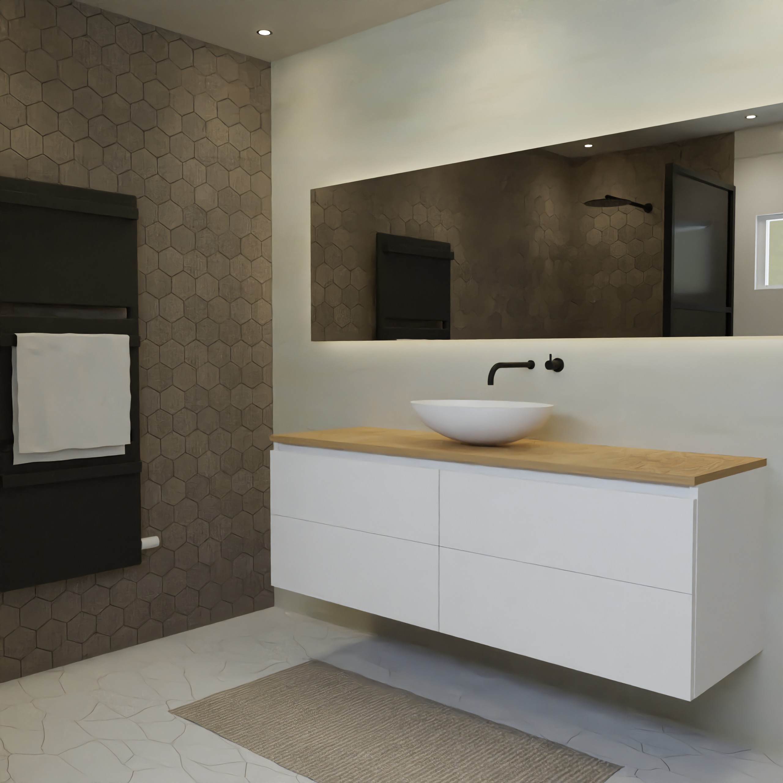 Maatwerk design wastafelkast, gemaakt van Wit melamine of gespoten mdf met een blad van eiken en 1 waskom van Solid Surface. Het front te openen d.m.v. Greeplijst boven