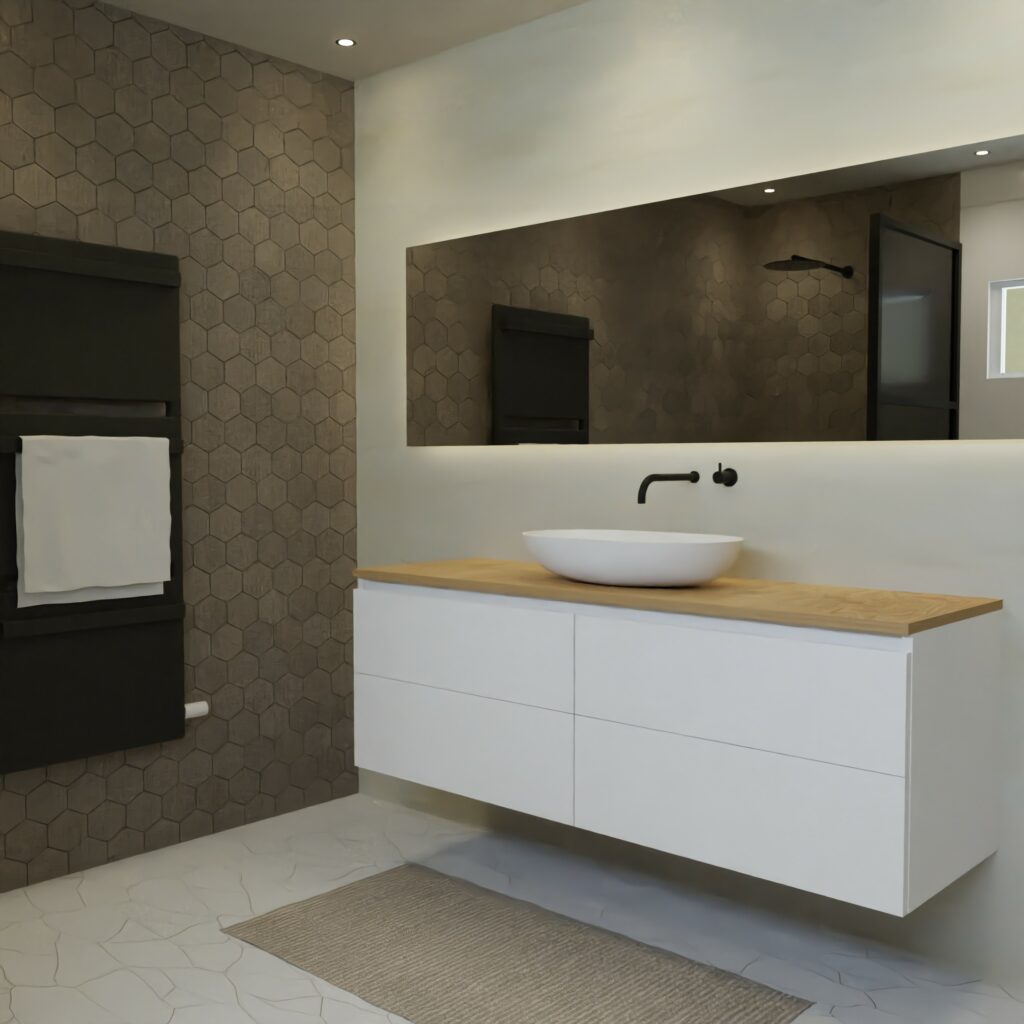 Maatwerk design badkamermeubel, gemaakt van Wit melamine of gespoten mdf met een blad van eiken en 1 waskom van Solid Surface. Het front te openen d.m.v. Greeplijst boven