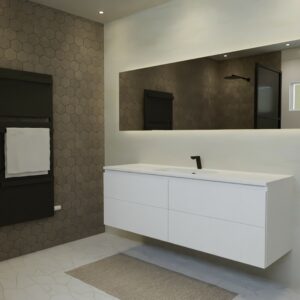 Maatwerk design wastafelmeubel, gemaakt van Wit melamine of gespoten mdf met een blad van solid surface en 1 waskom van Solid Surface. Het front te openen d.m.v. Greeplijst boven