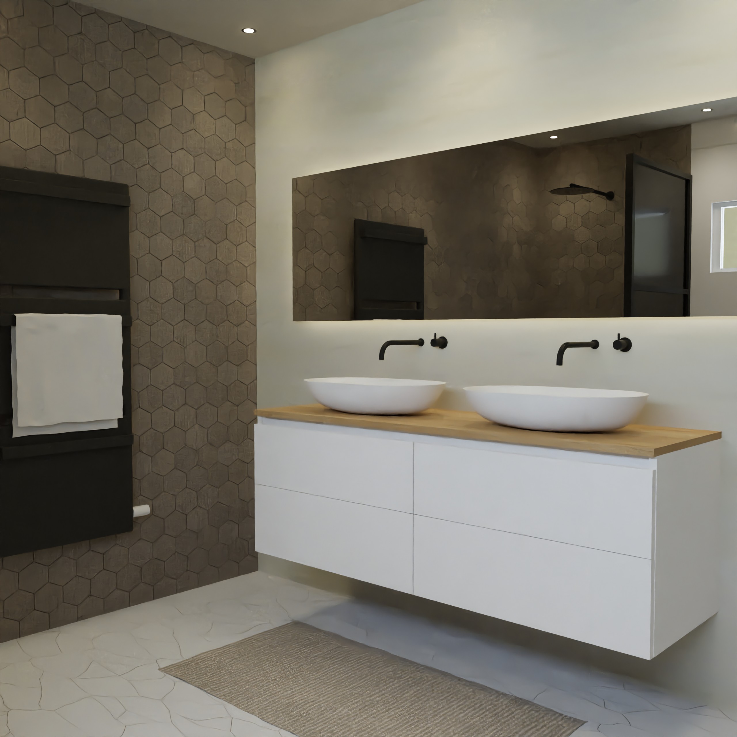 Maatwerk design wastafelkast, gemaakt van Wit melamine of gespoten mdf met een blad van eiken en 2 waskommen van Solid Surface. Het front te openen d.m.v. Greeplijst boven