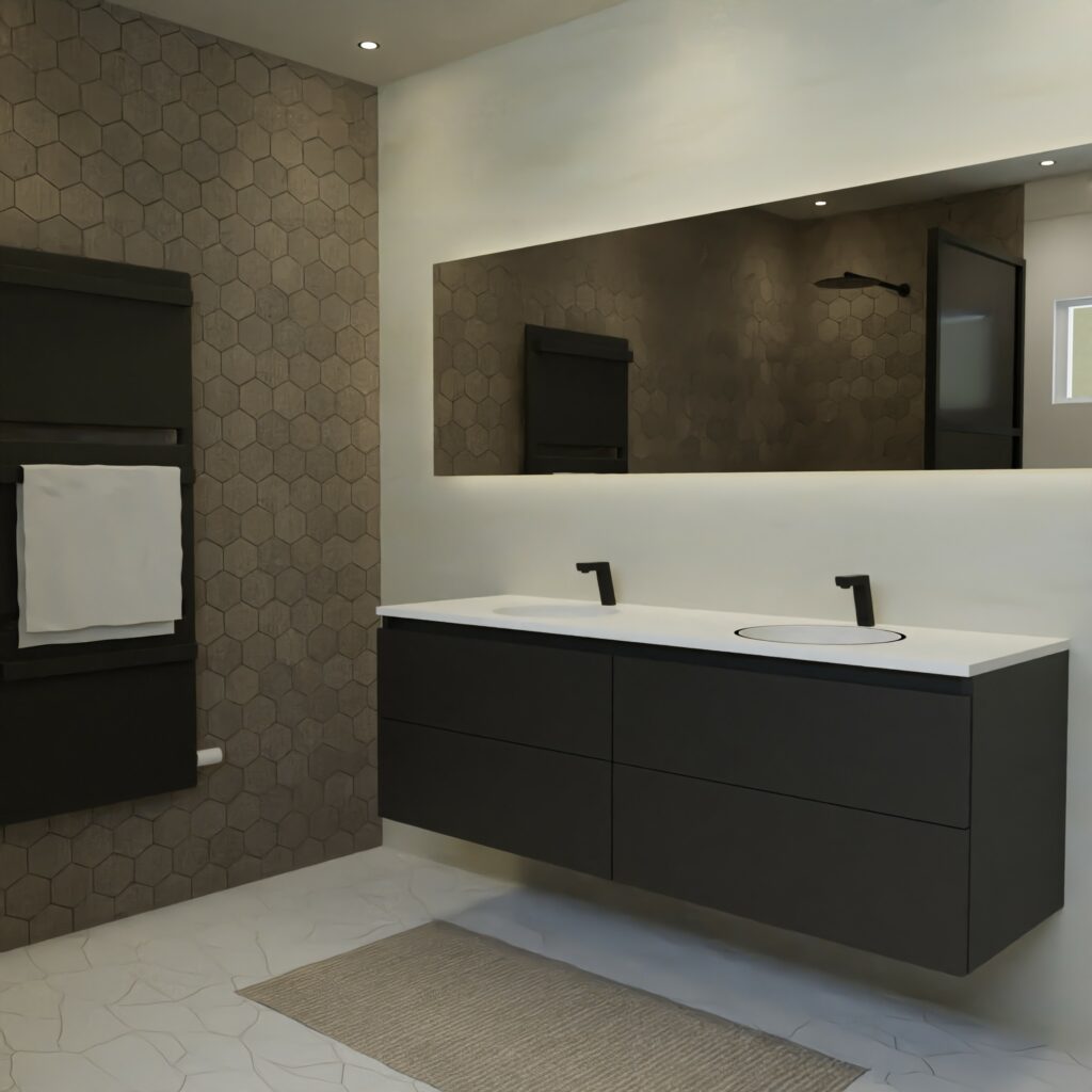 Maatwerk design wastafel onderkast, gemaakt van Zwart melamine of gespoten mdf met een blad van solid surface en 2 waskommen van Solid Surface. Het front te openen d.m.v. Greeplijst boven
