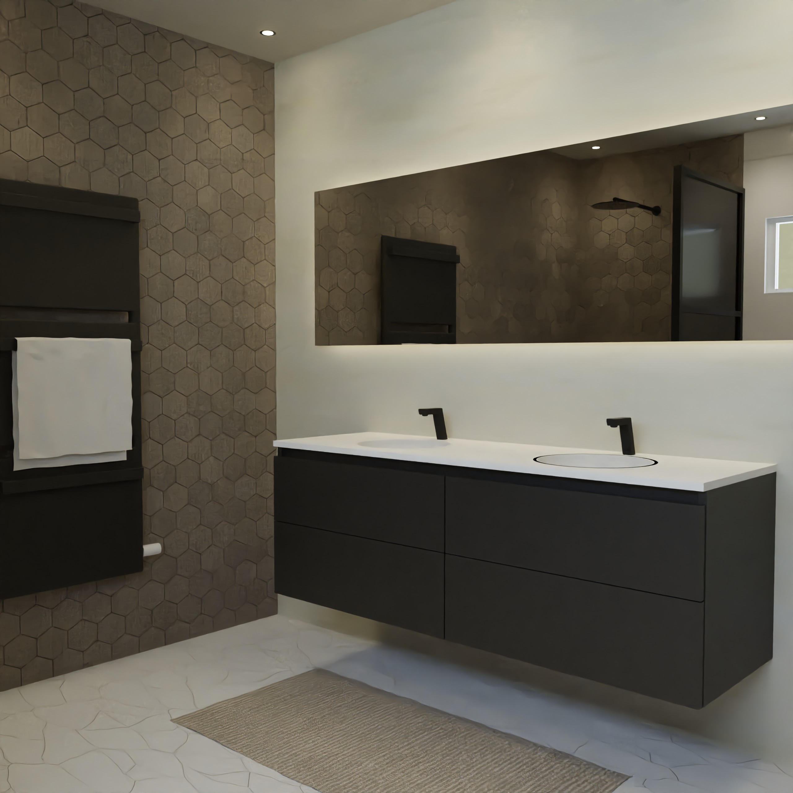 Maatwerk design wastafel onderkast, gemaakt van Zwart melamine of gespoten mdf met een blad van solid surface en 2 waskommen van Solid Surface. Het front te openen d.m.v. Greeplijst boven