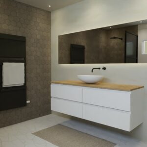 Maatwerk design badkamermeubel, gemaakt van Wit melamine of gespoten mdf met een blad van eiken en 1 waskom van Solid Surface. Het front te openen d.m.v. Greeplijst boven en midden