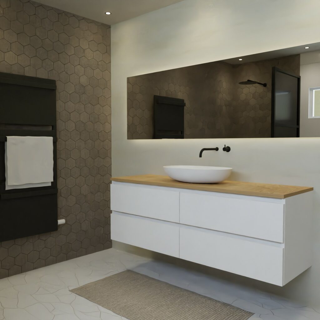 Maatwerk design wastafelkast, gemaakt van Wit melamine of gespoten mdf met een blad van eiken en 1 waskom van Solid Surface. Het front te openen d.m.v. Greeplijst boven en midden