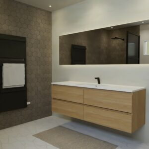 Maatwerk design wastafelmeubel, gemaakt van eiken hout fineer of eiken hout massief met een blad van solid surface en 1 waskom van Solid Surface. Het front te openen d.m.v. Greeplijst boven en midden