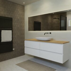 Maatwerk design badkamermeubel, gemaakt van Wit melamine of gespoten mdf met een blad van eiken en 1 waskom van Solid Surface. Het front te openen d.m.v. Greeplijst boven en midden