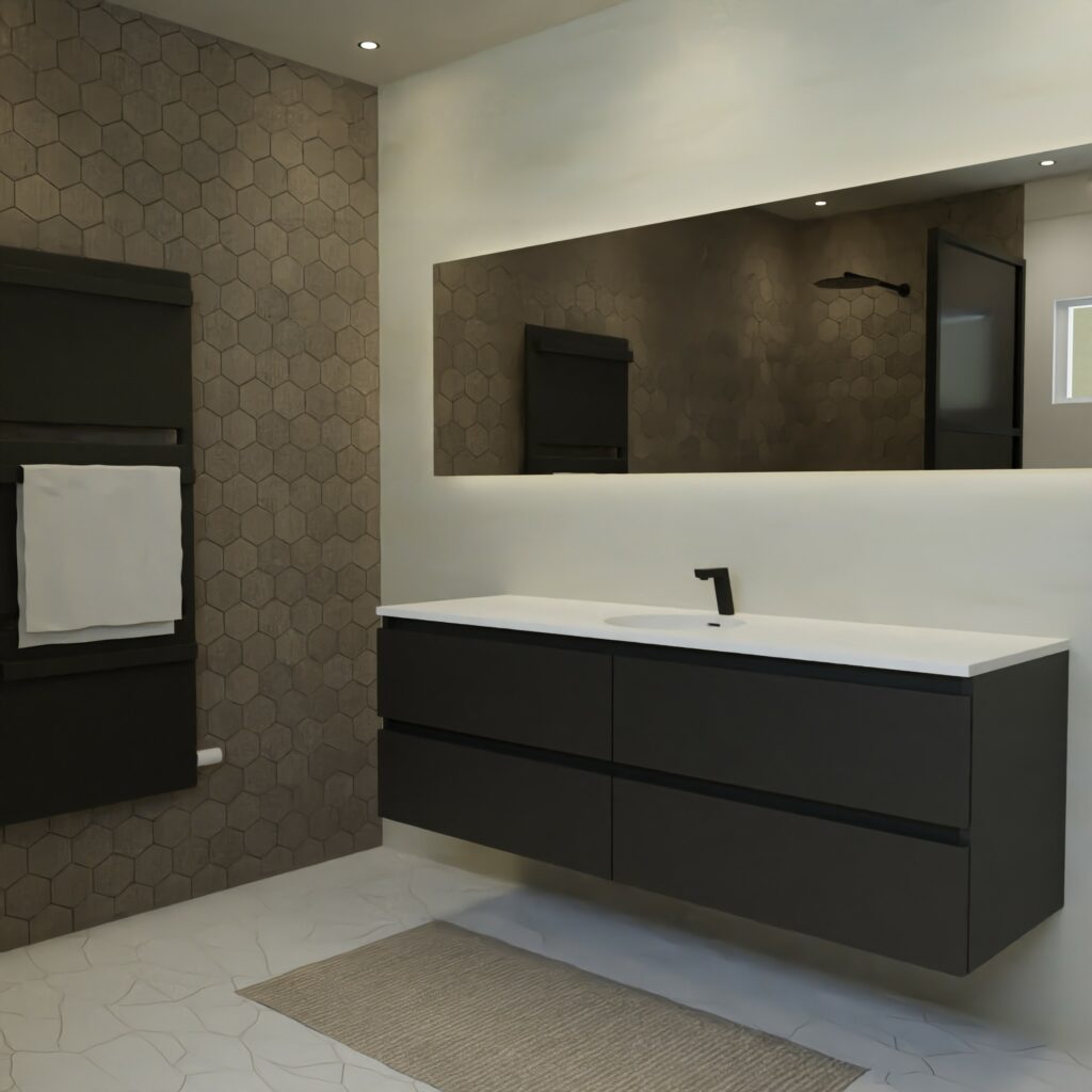 Maatwerk design badkamermeubel, gemaakt van Zwart melamine of gespoten mdf met een blad van solid surface en 1 waskom van Solid Surface. Het front te openen d.m.v. Greeplijst boven en midden