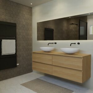 Maatwerk design wastafelkast, gemaakt van eiken hout fineer of eiken hout massief met een blad van eiken en 2 waskommen van Solid Surface. Het front te openen d.m.v. Greeplijst boven en midden