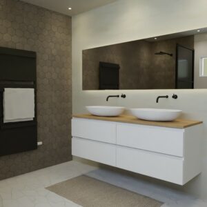 Maatwerk design wastafelkast, gemaakt van Wit melamine of gespoten mdf met een blad van eiken en 2 waskommen van Solid Surface. Het front te openen d.m.v. Greeplijst boven en midden