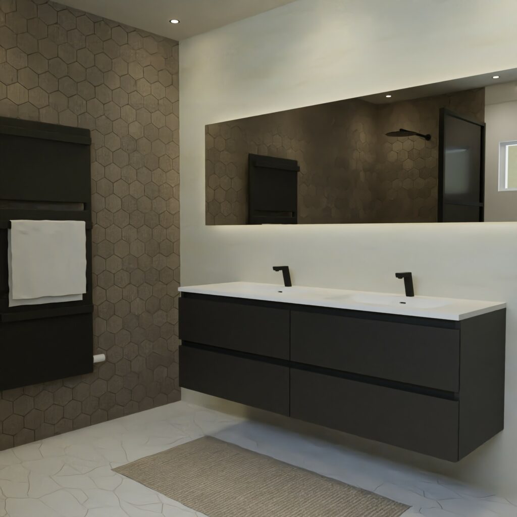 Maatwerk design badkamermeubel, gemaakt van Zwart melamine of gespoten mdf met een blad van solid surface en 2 waskommen van Solid Surface. Het front te openen d.m.v. Greeplijst boven en midden