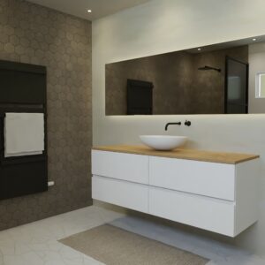 Maatwerk design wastafelkast, gemaakt van Wit melamine of gespoten mdf met een blad van eiken en 1 waskom van Solid Surface. Het front te openen d.m.v. Greeplijst midden