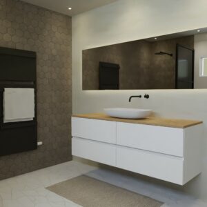 Maatwerk design badkamermeubel, gemaakt van Wit melamine of gespoten mdf met een blad van eiken en 1 waskom van Solid Surface. Het front te openen d.m.v. Greeplijst midden