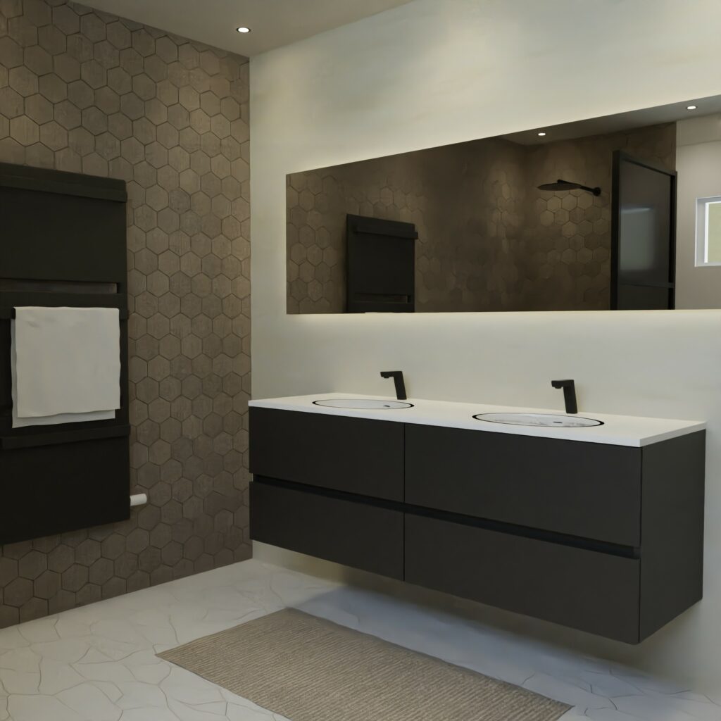 Maatwerk design badkamermeubel, gemaakt van Zwart melamine of gespoten mdf met een blad van solid surface en 2 waskommen van Solid Surface. Het front te openen d.m.v. Greeplijst midden