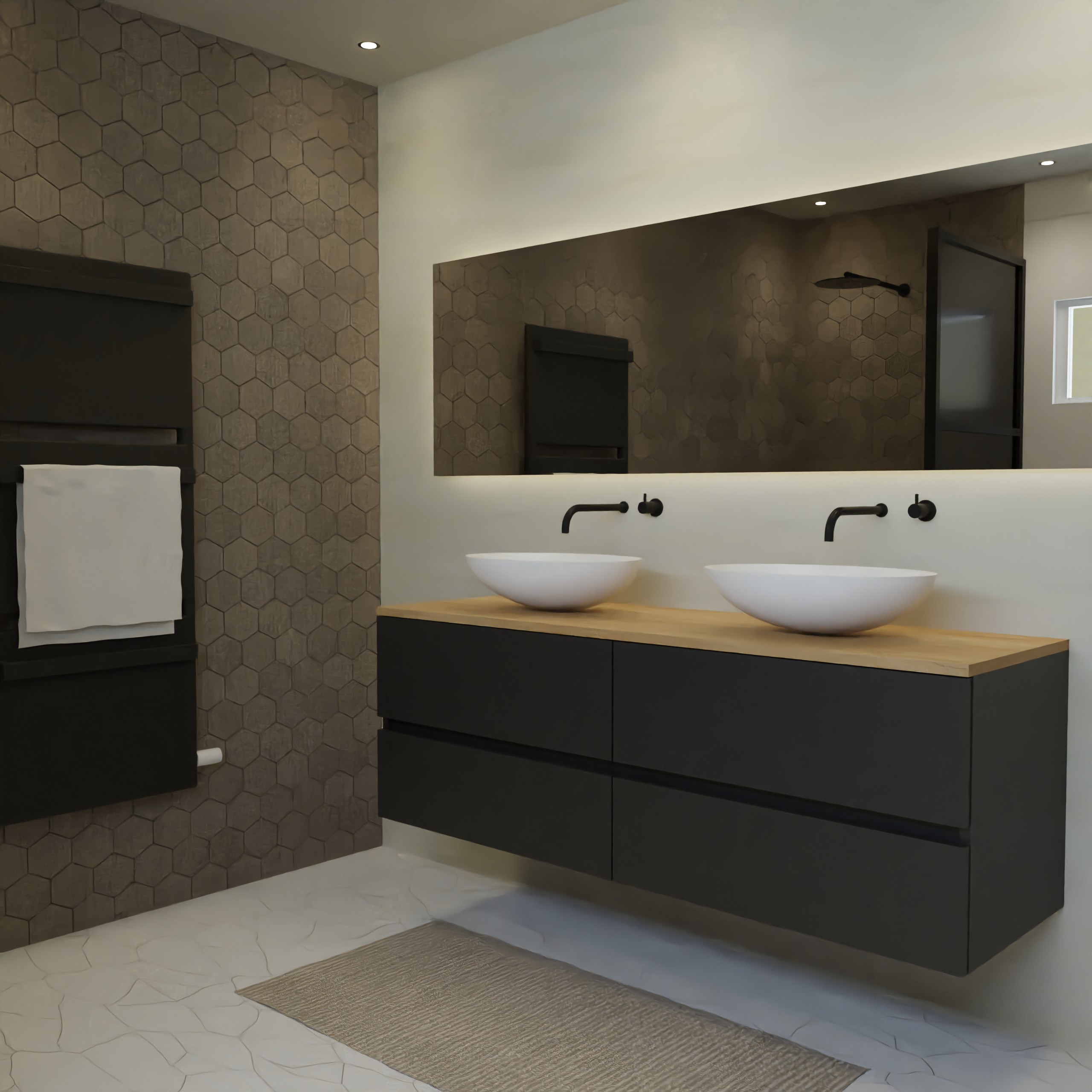 Maatwerk design wastafelmeubel, gemaakt van Zwart melamine of gespoten mdf met een blad van eiken en 2 waskommen van Solid Surface. Het front te openen d.m.v. Greeplijst midden