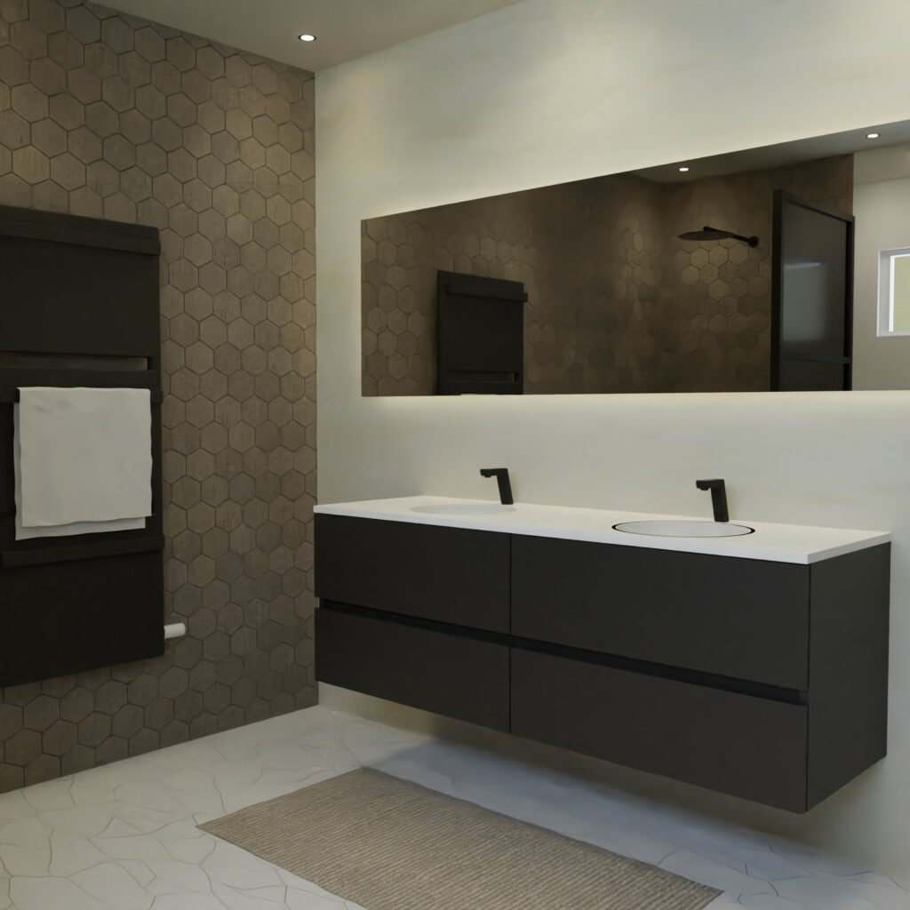 Maatwerk design wastafel onderkast, gemaakt van Zwart melamine of gespoten mdf met een blad van solid surface en 2 waskommen van Solid Surface. Het front te openen d.m.v. Greeplijst midden