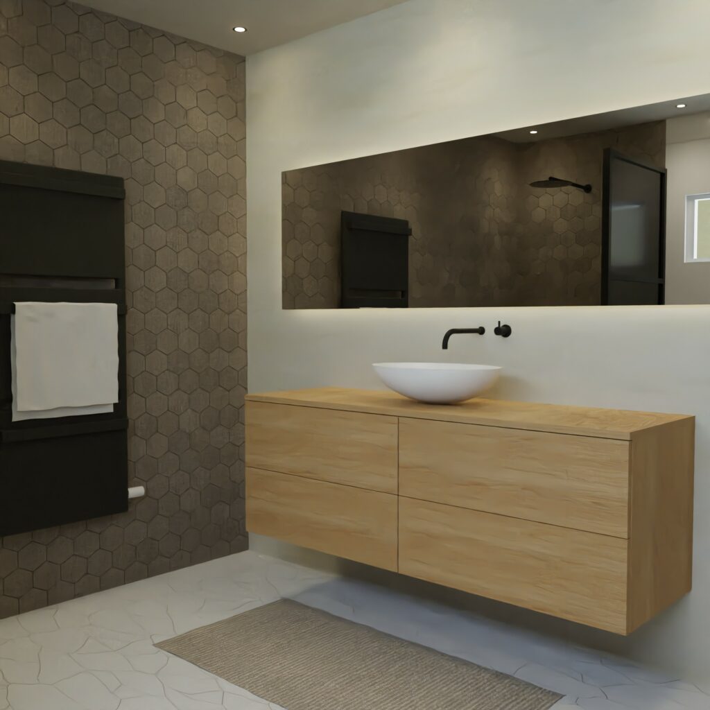 Maatwerk design badkamermeubel, gemaakt van eiken hout fineer of eiken hout massief met een blad van eiken en 1 waskom van Solid Surface. Het front te openen d.m.v. Push to Open