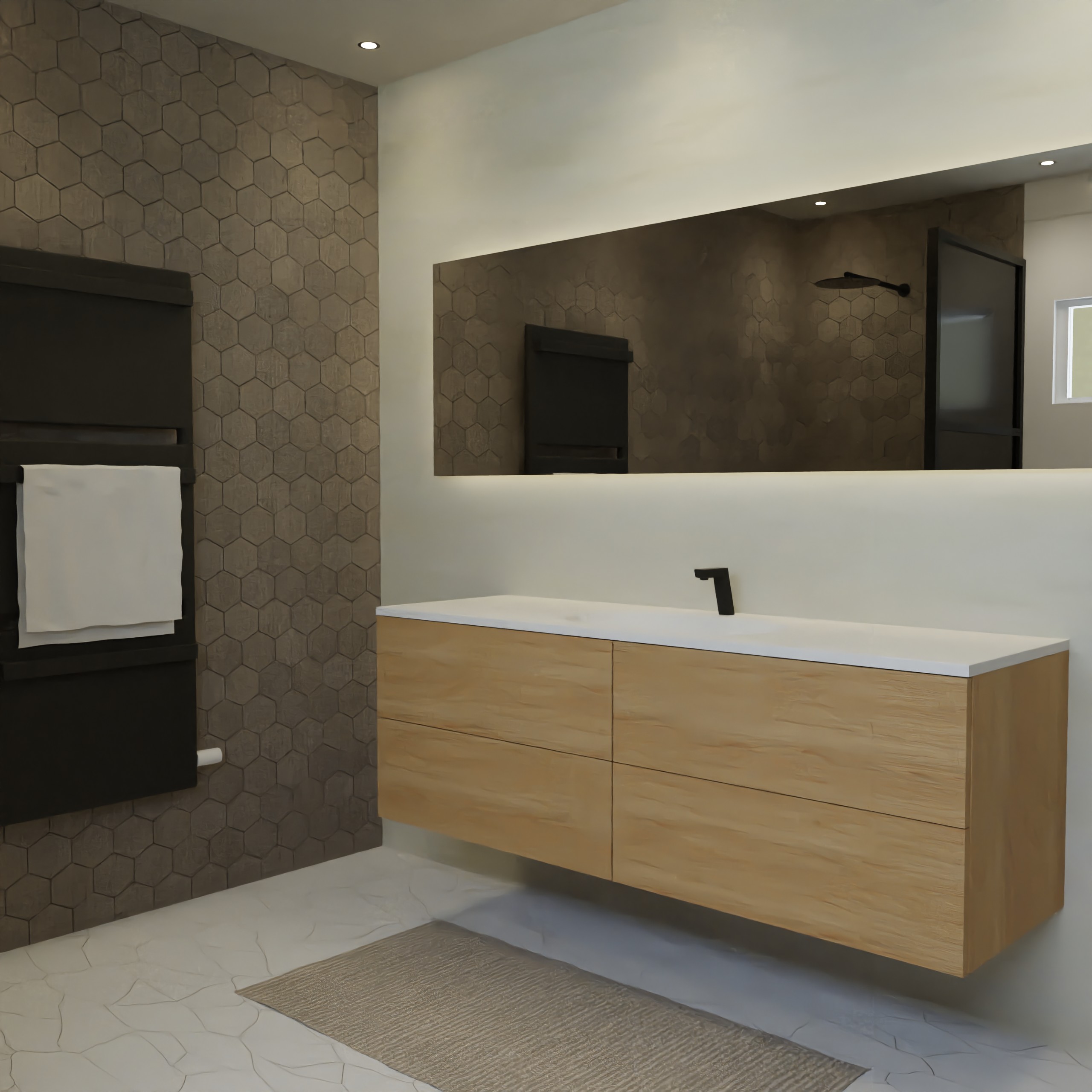 Maatwerk design wastafel onderkast, gemaakt van eiken hout fineer of eiken hout massief met een blad van solid surface en 1 waskom van Solid Surface. Het front te openen d.m.v. Push to Open