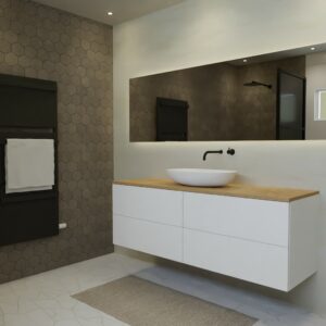 Maatwerk design wastafelmeubel, gemaakt van Wit melamine of gespoten mdf met een blad van eiken en 1 waskom van Solid Surface. Het front te openen d.m.v. Push to Open