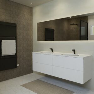 Maatwerk design wastafel onderkast, gemaakt van Wit melamine of gespoten mdf met een blad van solid surface en 2 waskommen van Solid Surface. Het front te openen d.m.v. Push to Open