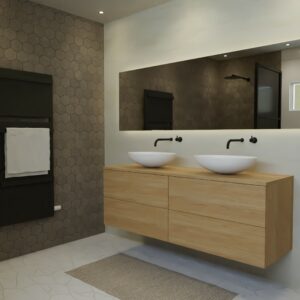 Maatwerk design badmeubel, gemaakt van eiken hout fineer of eiken hout massief met een blad van eiken en 2 waskommen van Solid Surface. Het front te openen d.m.v. Push to Open