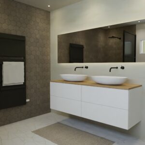 Maatwerk design wastafel onderkast, gemaakt van Wit melamine of gespoten mdf met een blad van eiken en 2 waskommen van Solid Surface. Het front te openen d.m.v. Push to Open