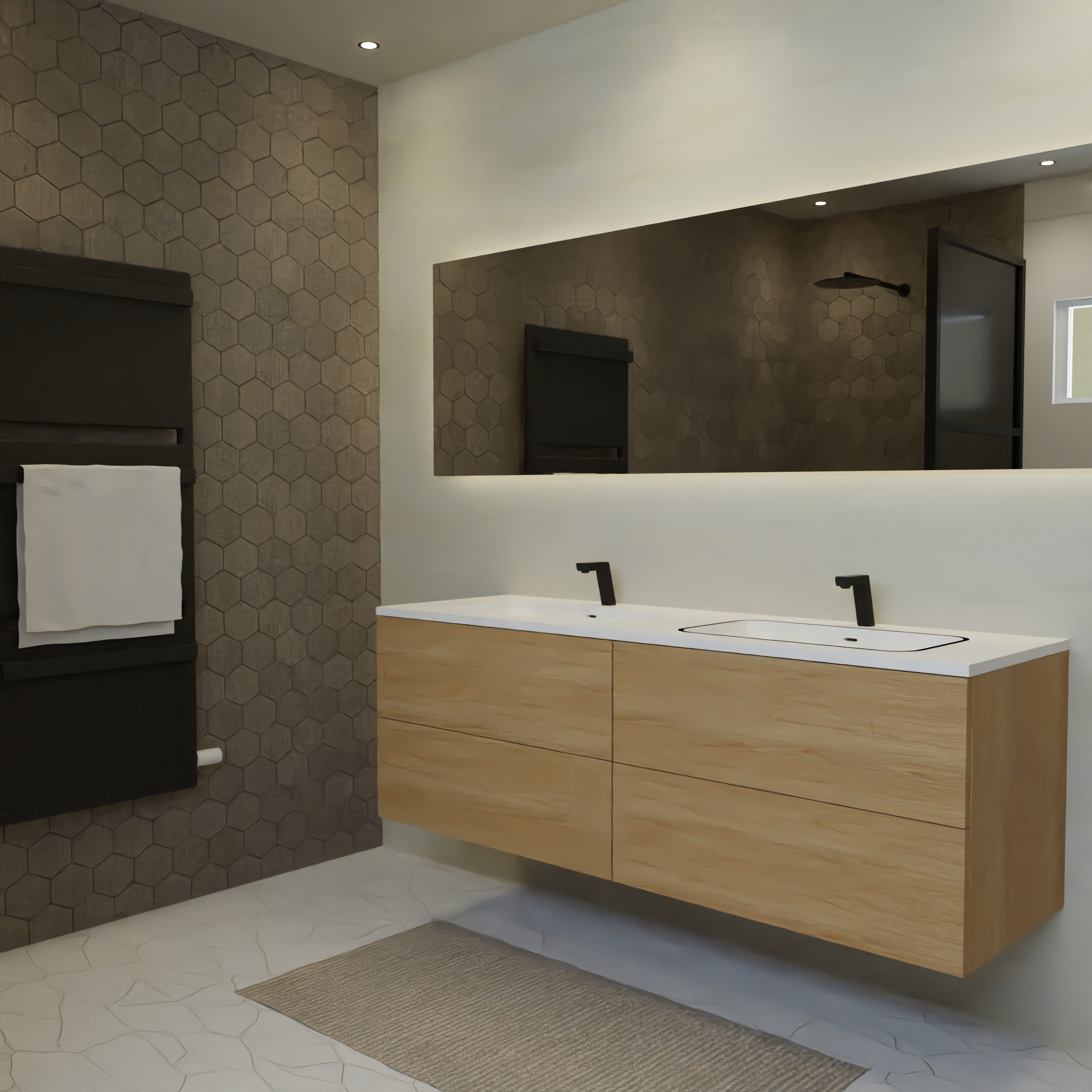 Maatwerk design wastafelkast, gemaakt van eiken hout fineer of eiken hout massief met een blad van solid surface en 2 waskommen van Solid Surface. Het front te openen d.m.v. Push to Open