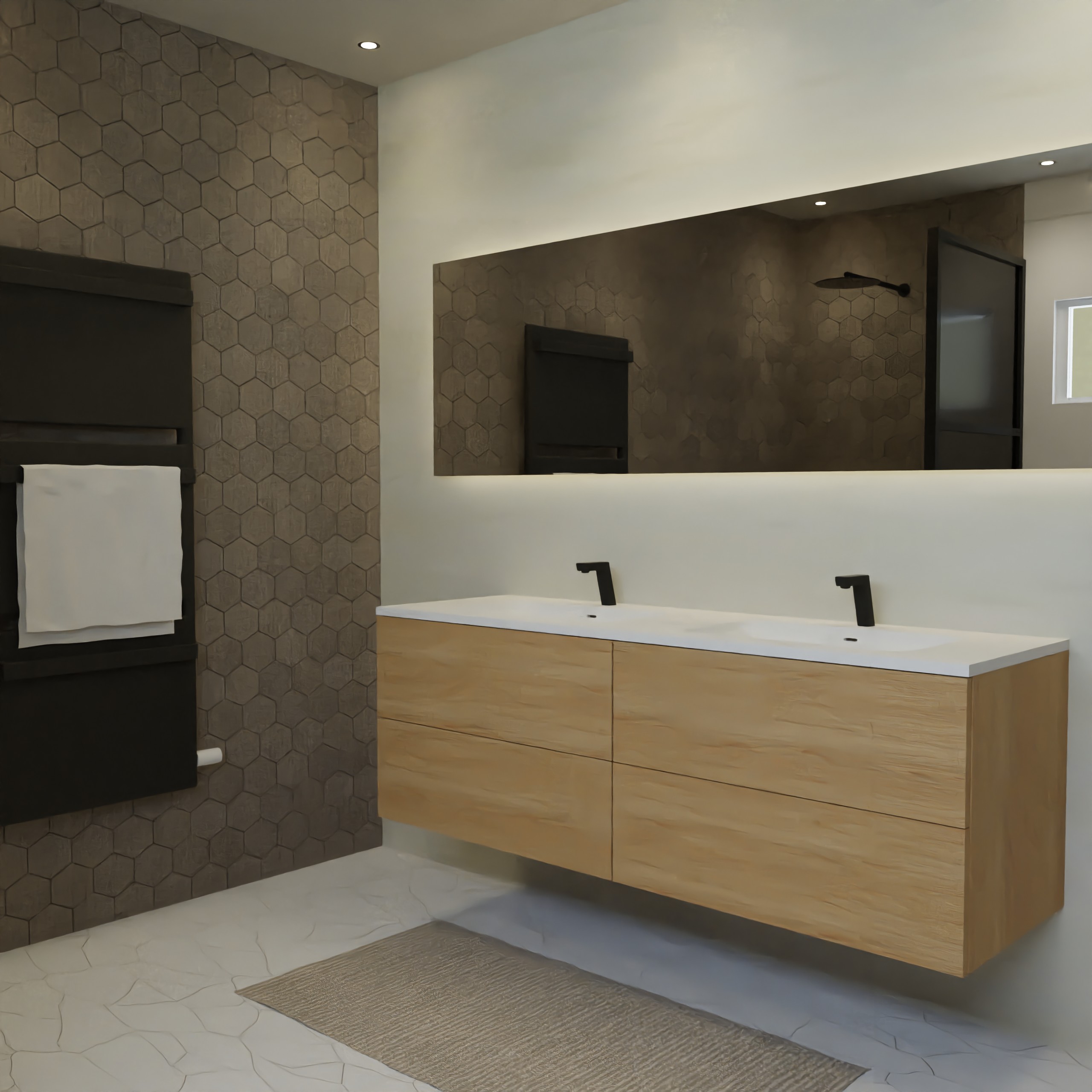 Maatwerk design badmeubel, gemaakt van eiken hout fineer of eiken hout massief met een blad van solid surface en 2 waskommen van Solid Surface. Het front te openen d.m.v. Push to Open