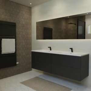 Maatwerk design badmeubel, gemaakt van Zwart melamine of gespoten mdf met een blad van solid surface en 2 waskommen van Solid Surface. Het front te openen d.m.v. Push to Open