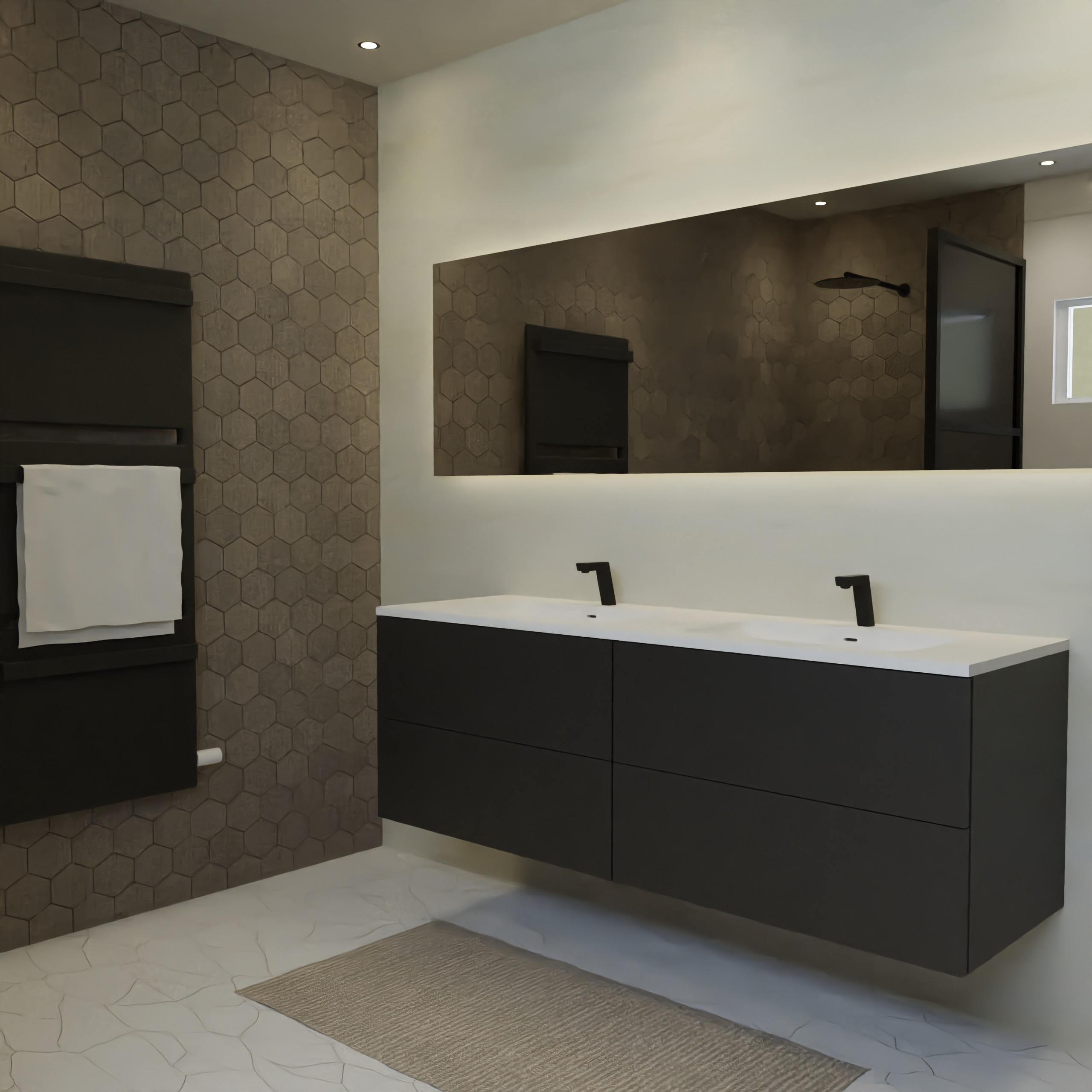 Maatwerk design badmeubel, gemaakt van Zwart melamine of gespoten mdf met een blad van solid surface en 2 waskommen van Solid Surface. Het front te openen d.m.v. Push to Open