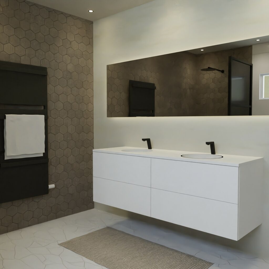 Maatwerk design wastafelkast, gemaakt van Wit melamine of gespoten mdf met een blad van solid surface en 2 waskommen van Solid Surface. Het front te openen d.m.v. Push to Open