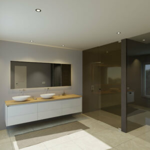 Maatwerk design wastafelkast, gemaakt van Wit melamine of gespoten mdf met een blad van eiken en 2 waskommen van Solid Surface. Het front te openen d.m.v. Greeplijst boven