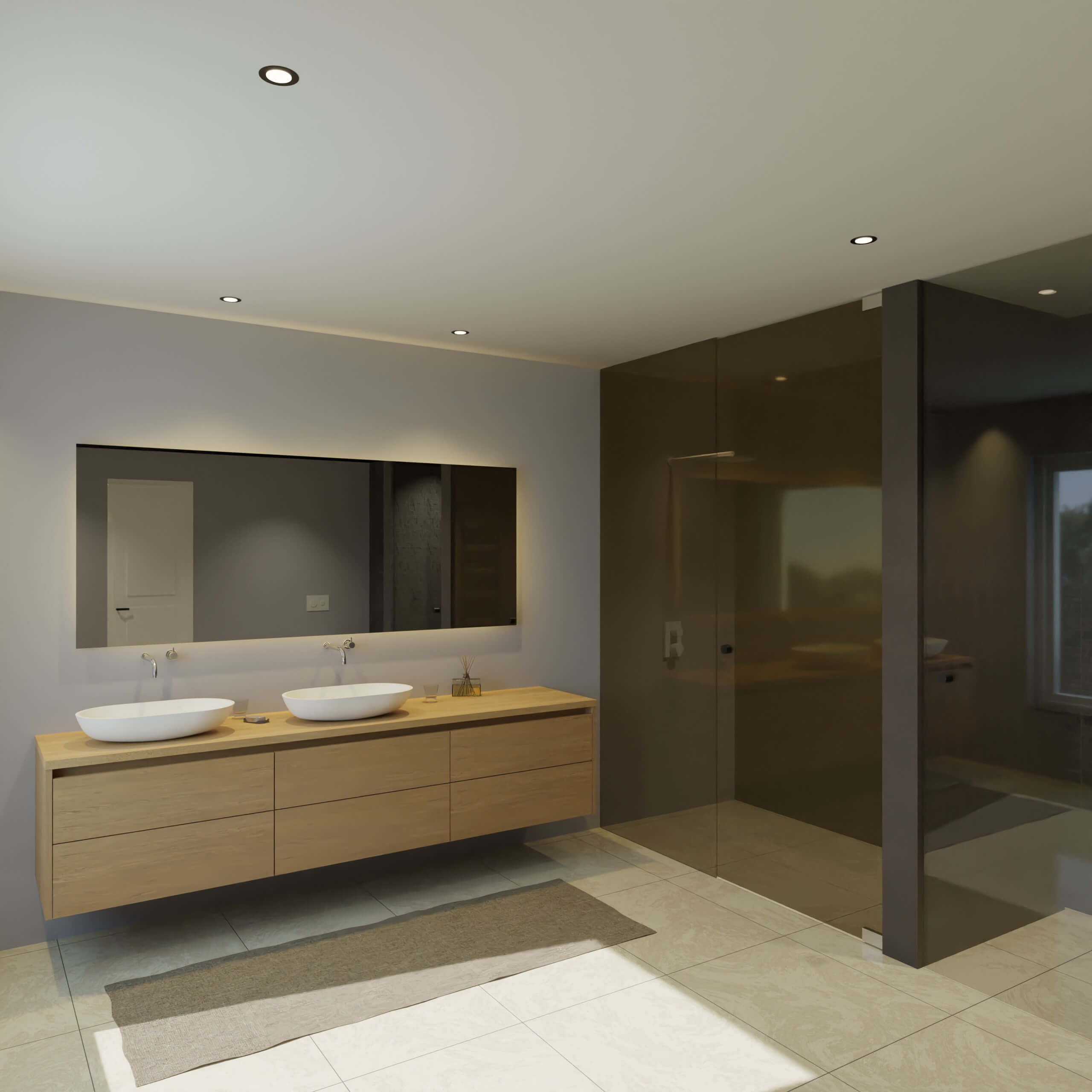 Maatwerk design badkamermeubel, gemaakt van eiken hout fineer of eiken hout massief met een blad van eiken en 2 waskommen van Solid Surface. Het front te openen d.m.v. Greeplijst boven