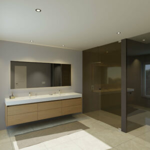 Maatwerk design wastafelmeubel, gemaakt van eiken hout fineer of eiken hout massief met een blad van solid surface en 2 waskommen van Solid Surface. Het front te openen d.m.v. Greeplijst boven