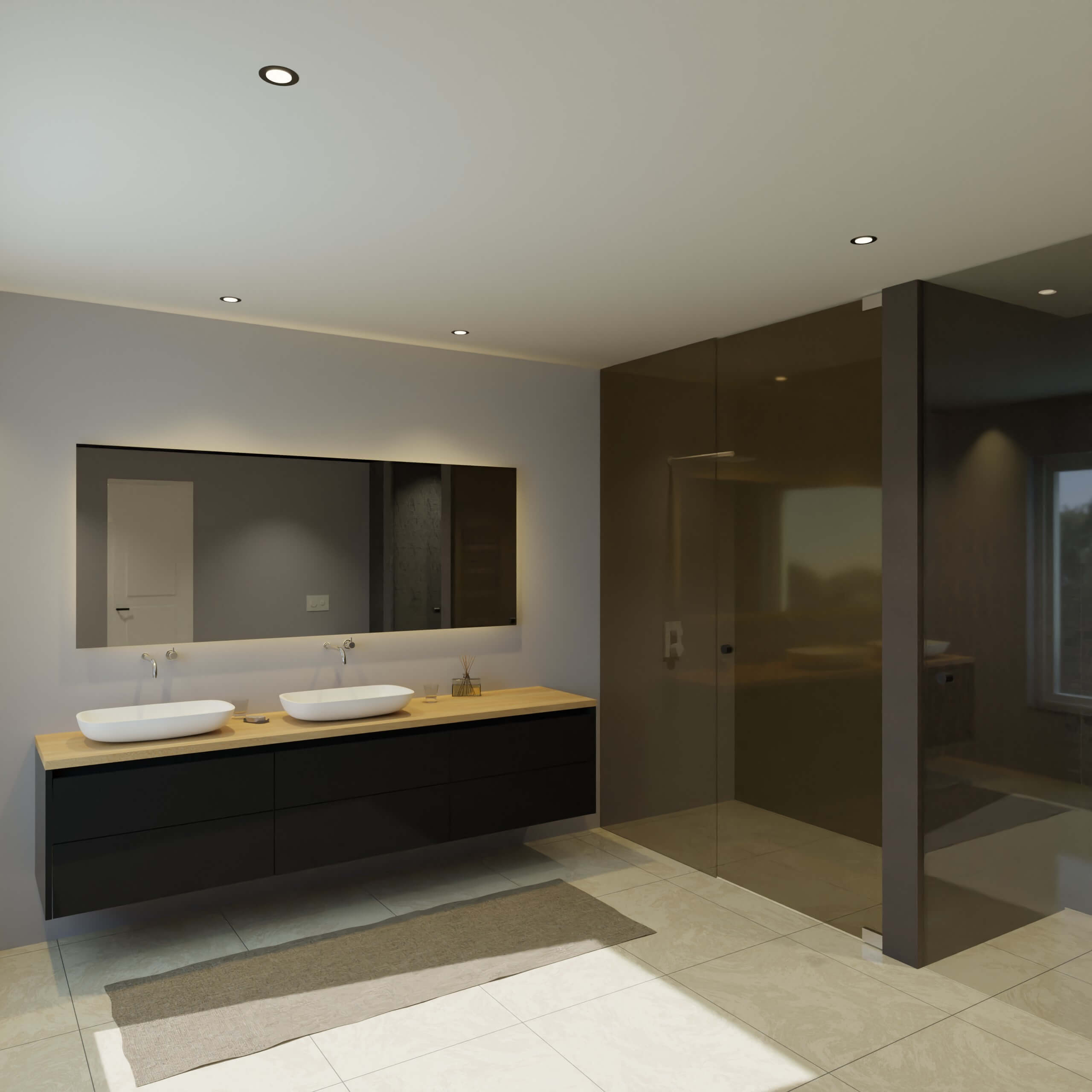 Maatwerk design wastafel onderkast, gemaakt van Zwart melamine of gespoten mdf met een blad van eiken en 2 waskommen van Solid Surface. Het front te openen d.m.v. Greeplijst boven