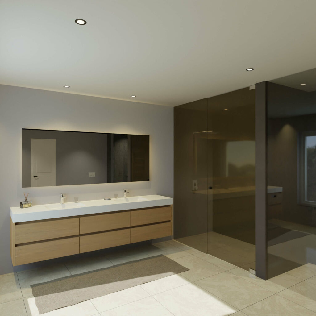Maatwerk design wastafelkast, gemaakt van eiken hout fineer of eiken hout massief met een blad van solid surface en 2 waskommen van Solid Surface. Het front te openen d.m.v. Greeplijst boven en midden