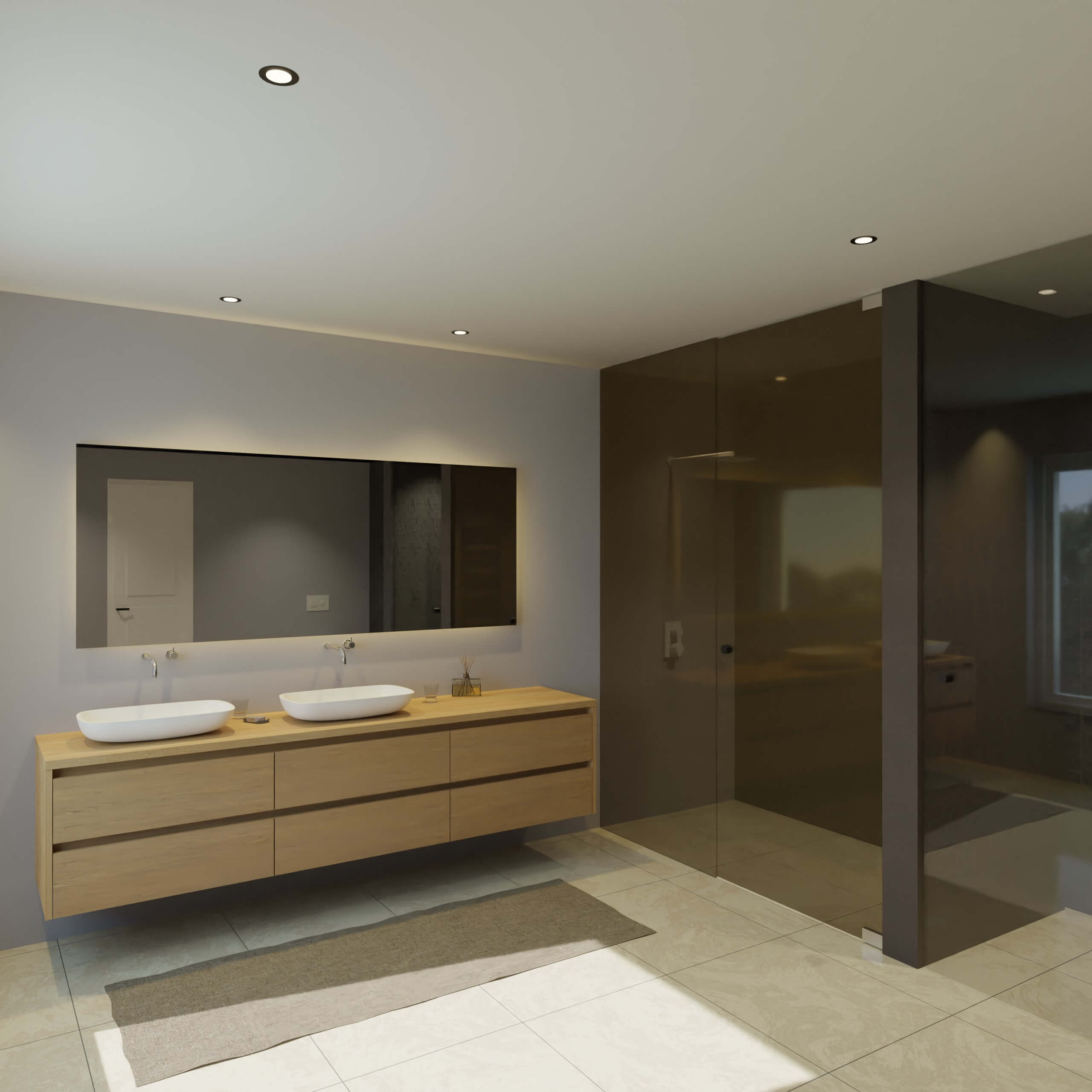 Maatwerk design wastafelmeubel, gemaakt van eiken hout fineer of eiken hout massief met een blad van eiken en 2 waskommen van Solid Surface. Het front te openen d.m.v. Greeplijst boven en midden