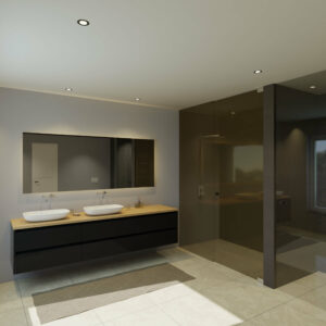 Maatwerk design badmeubel, gemaakt van Zwart melamine of gespoten mdf met een blad van eiken en 2 waskommen van Solid Surface. Het front te openen d.m.v. Greeplijst boven en midden