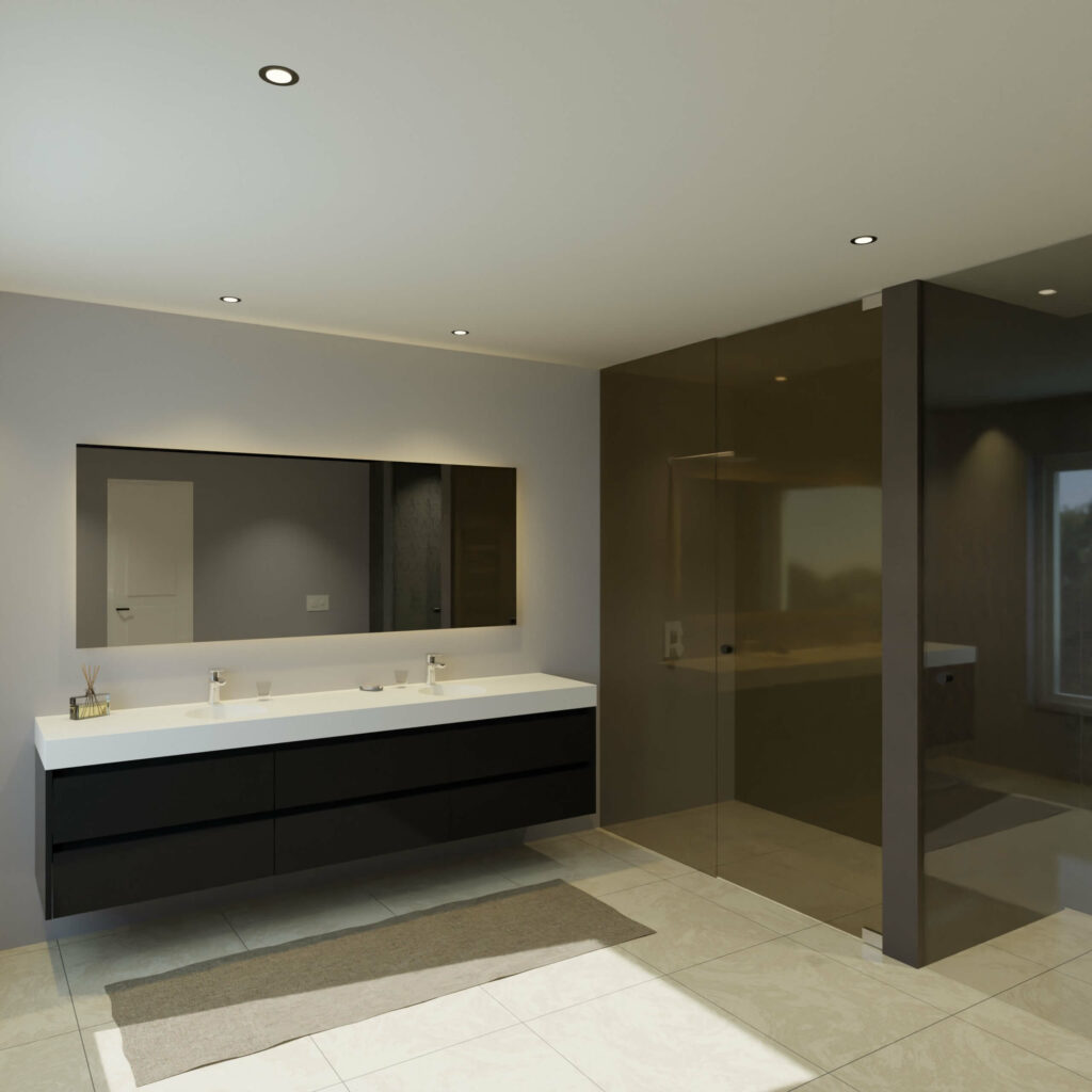 Maatwerk design badkamermeubel, gemaakt van Zwart melamine of gespoten mdf met een blad van solid surface en 2 waskommen van Solid Surface. Het front te openen d.m.v. Greeplijst boven en midden