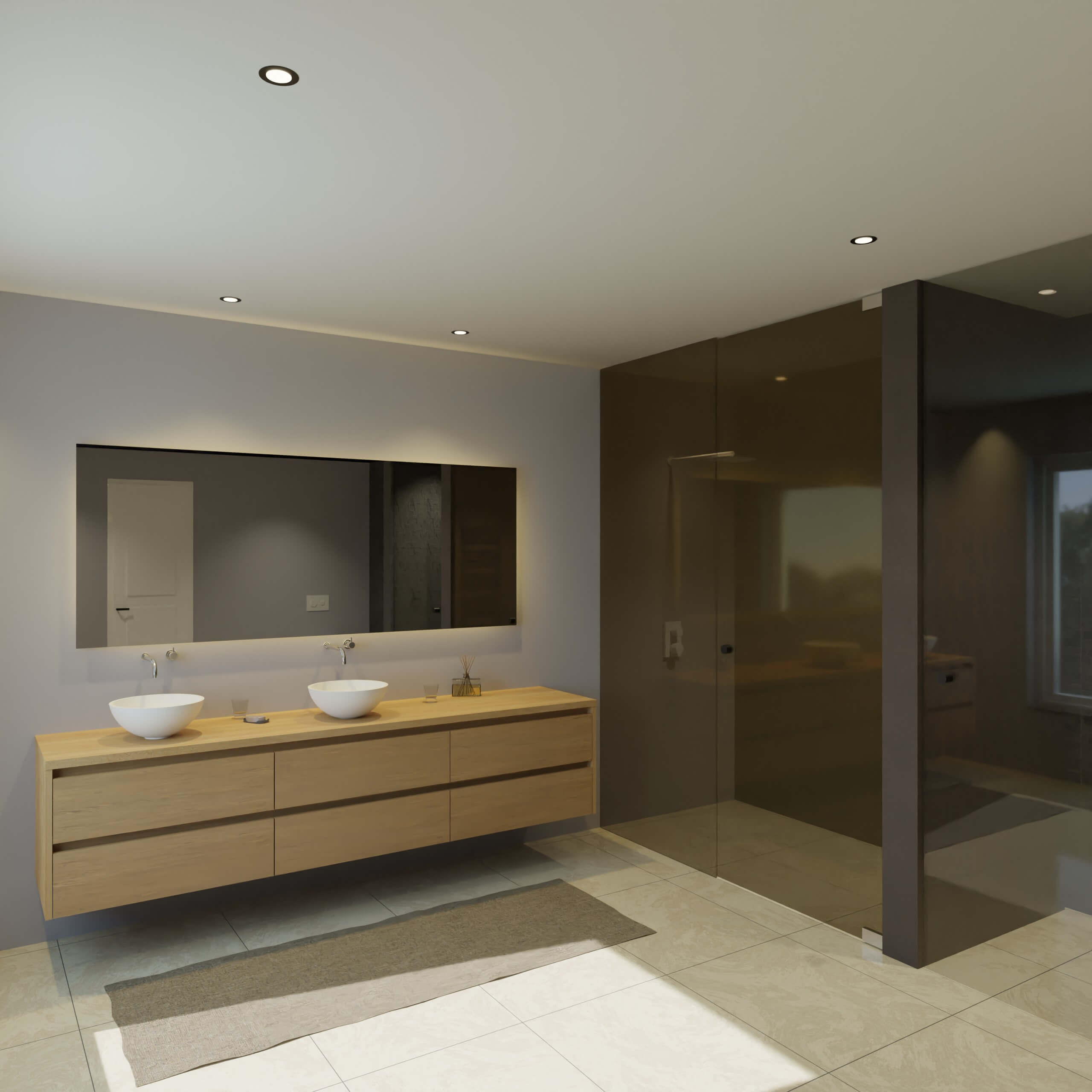 Maatwerk design badkamermeubel, gemaakt van eiken hout fineer of eiken hout massief met een blad van eiken en 2 waskommen van Solid Surface. Het front te openen d.m.v. Greeplijst boven en midden