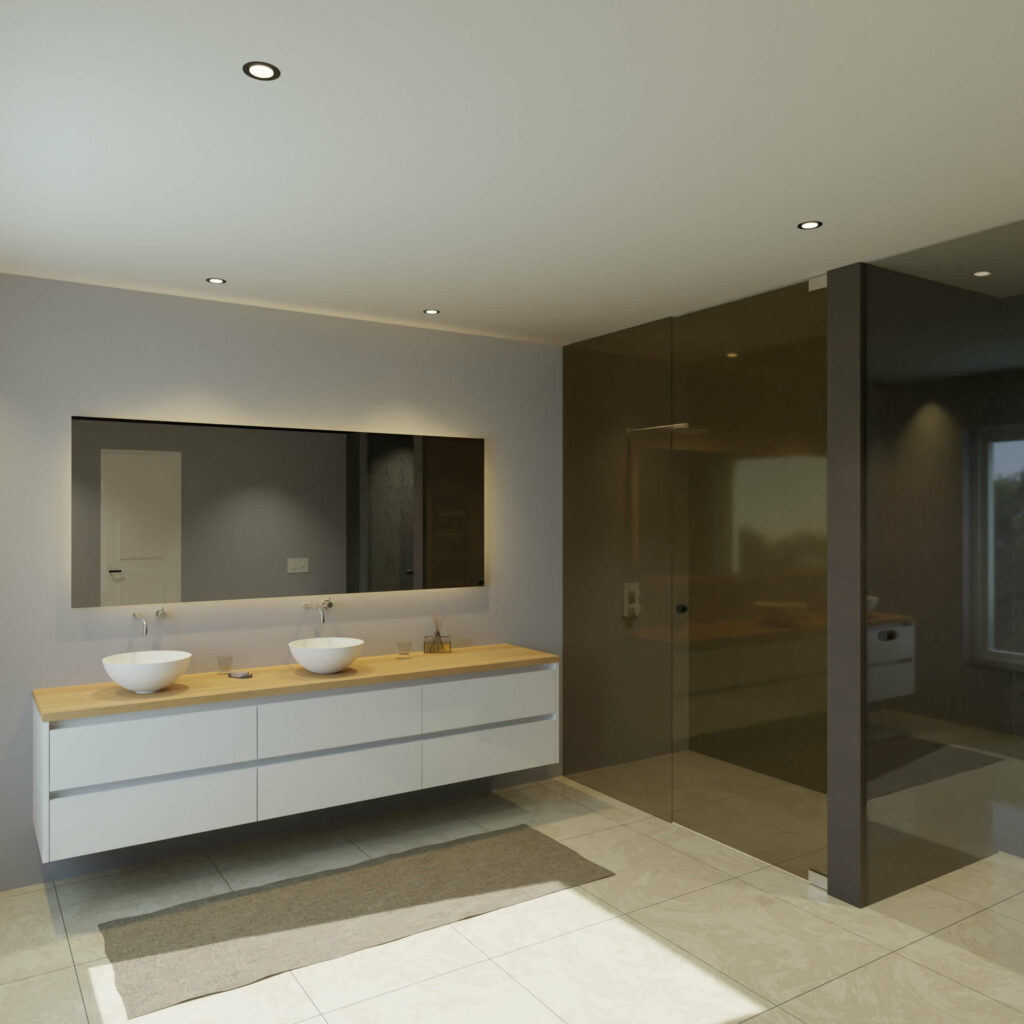 Maatwerk design badmeubel, gemaakt van Wit melamine of gespoten mdf met een blad van eiken en 2 waskommen van Solid Surface. Het front te openen d.m.v. Greeplijst boven en midden